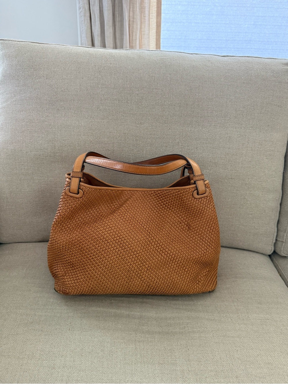 Tory Burch Tan Woven Leather Satchel with Pink & Cream Tassels - Picture 3 of 8